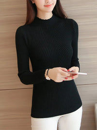 2025 Autumn Women Mock Neck Ruffles Sweater Long Sleeve Knitted Bottoming Solid Pullovers Stripe Women Casual Sweater Winter