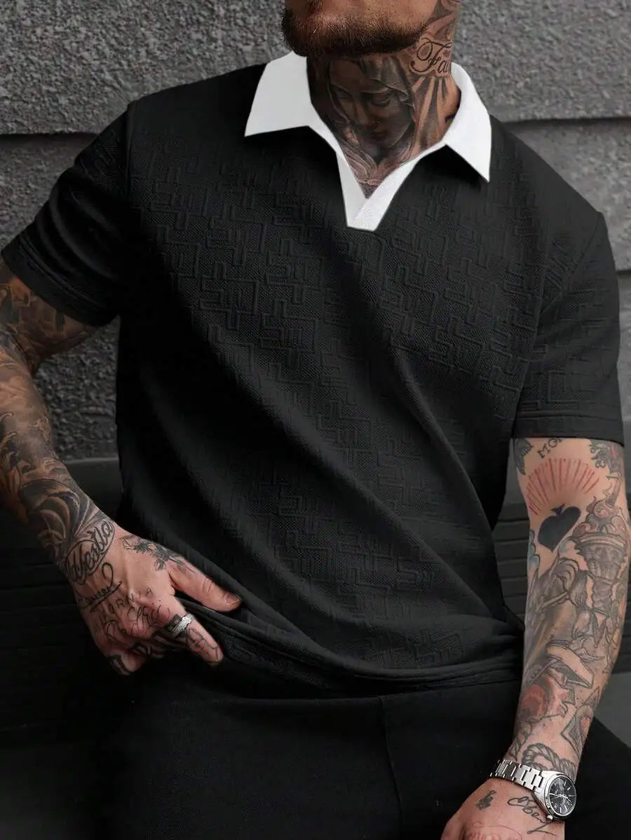 Men's White Textured Polo Shirt with Contrast Navy Collar, Short Sleeve Casual Fit