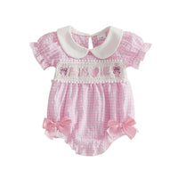 Stylish Baby Girls Summer Romper with Cute Heart Embroidery Short Sleeves Doll Collar and Trendy Plaid Design Jumpsuit