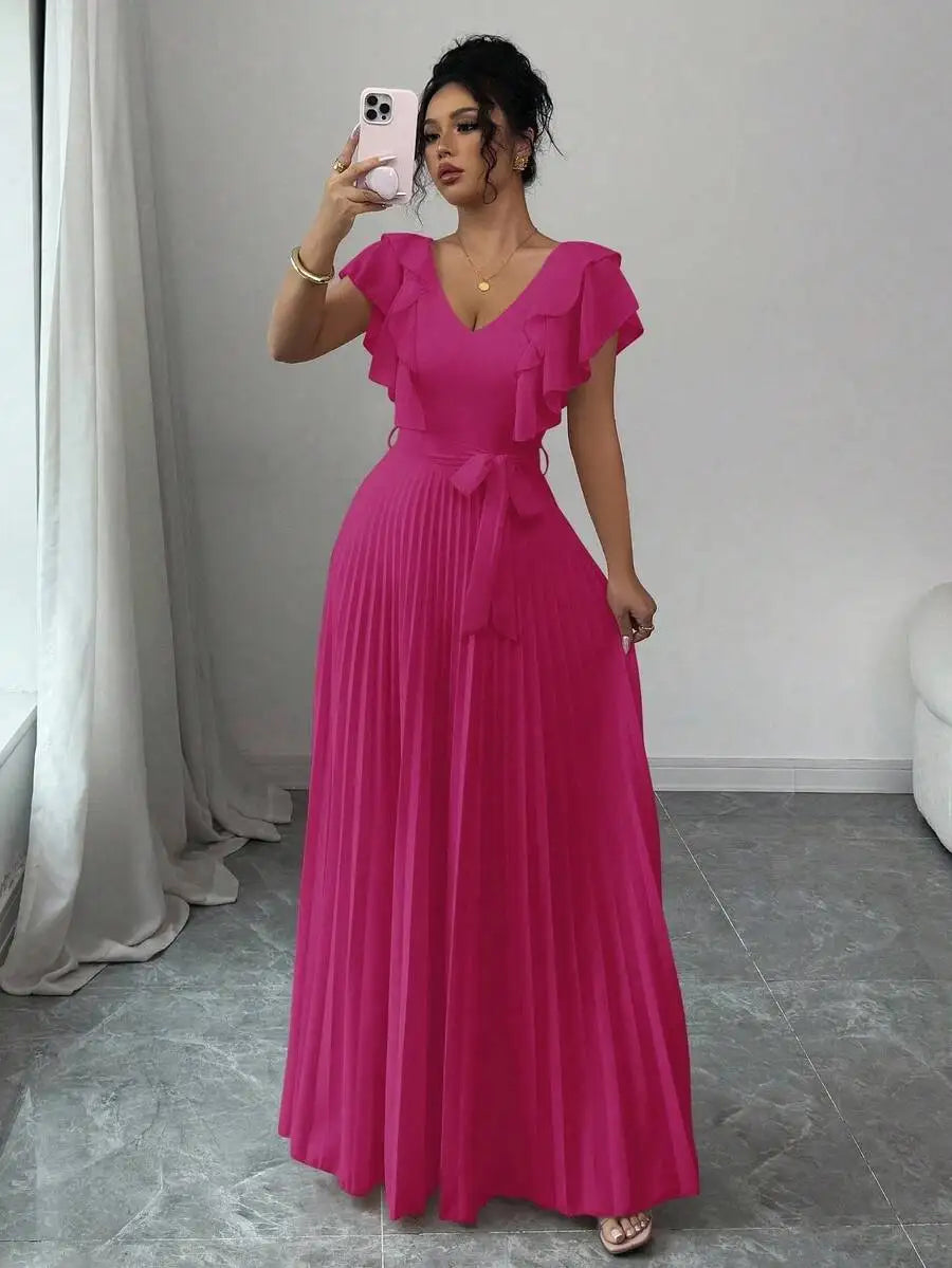 Burgundy V-Neck Ruffle Sleeve Pleated A-Line Maxi Dress with Waist Tie