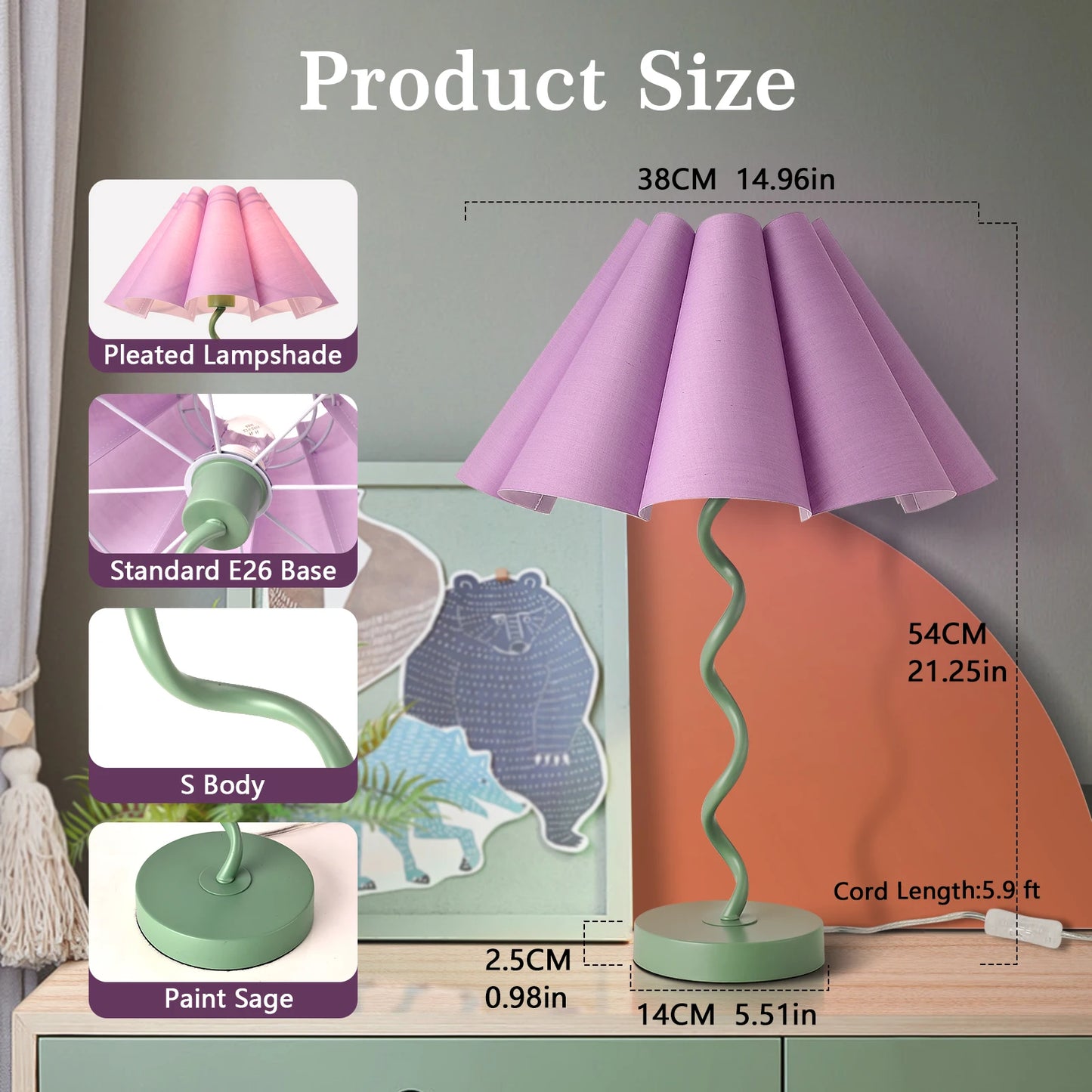 Purple Funky Table Lamp with Pleated Lamp Shape,  Sage with Purple Table Lamp Bedsidefor Nightstand, Living Room (Purple)