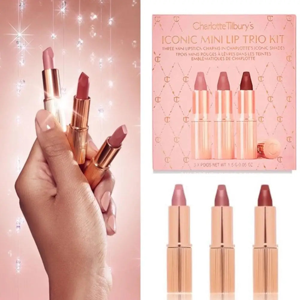 Mini Lipstick Trio 3 Pieces Travel Friendly Lip Color Assorted Shades Cosmetic Beauty Set