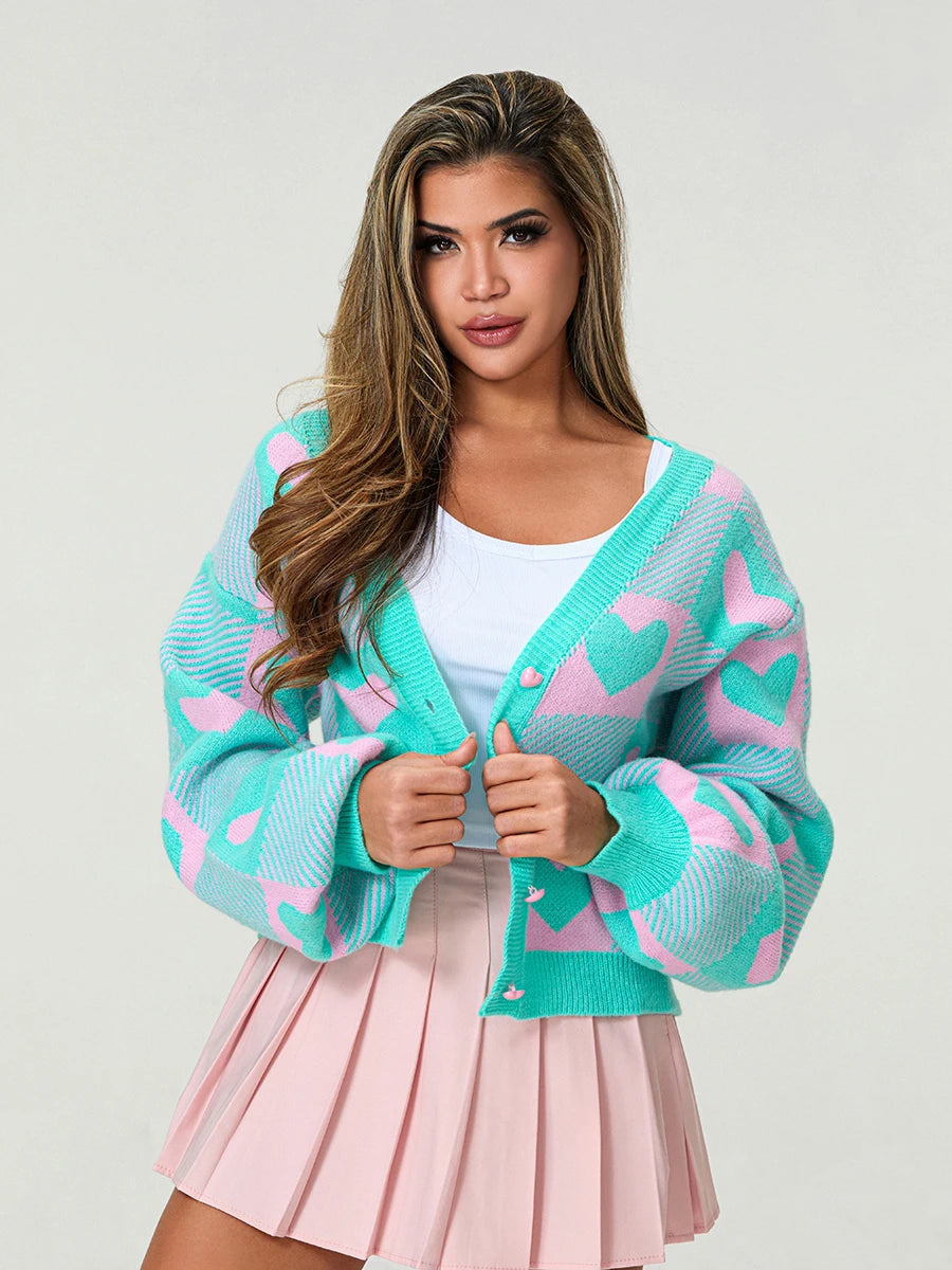 Valentine s Day Women s Heart Print Knit Sweater Cardigan with Long Sleeves V Neck and Button Up Detail