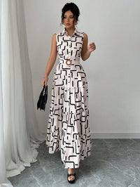 Sleeveless Button-Front Midi Dress with Geometric Print and Tiered Ruffle Skirt