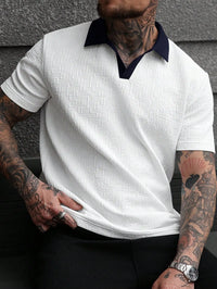 Men's White Textured Polo Shirt with Contrast Navy Collar, Short Sleeve Casual Fit