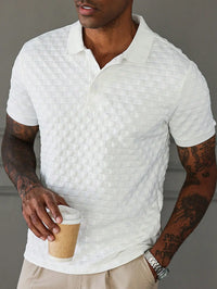 Men's White Textured Waffle Knit Polo Shirt, Short Sleeve, Casual Everyday Wear