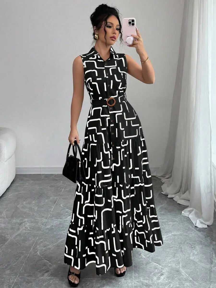 Sleeveless Button-Front Midi Dress with Geometric Print and Tiered Ruffle Skirt