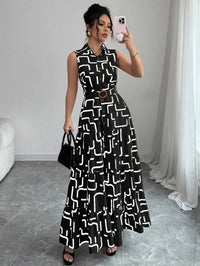 Sleeveless Button-Front Midi Dress with Geometric Print and Tiered Ruffle Skirt