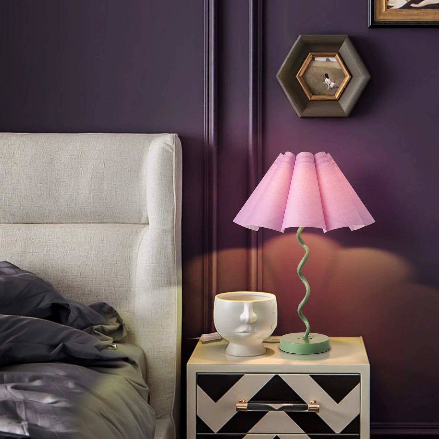 Purple Funky Table Lamp with Pleated Lamp Shape,  Sage with Purple Table Lamp Bedsidefor Nightstand, Living Room (Purple)