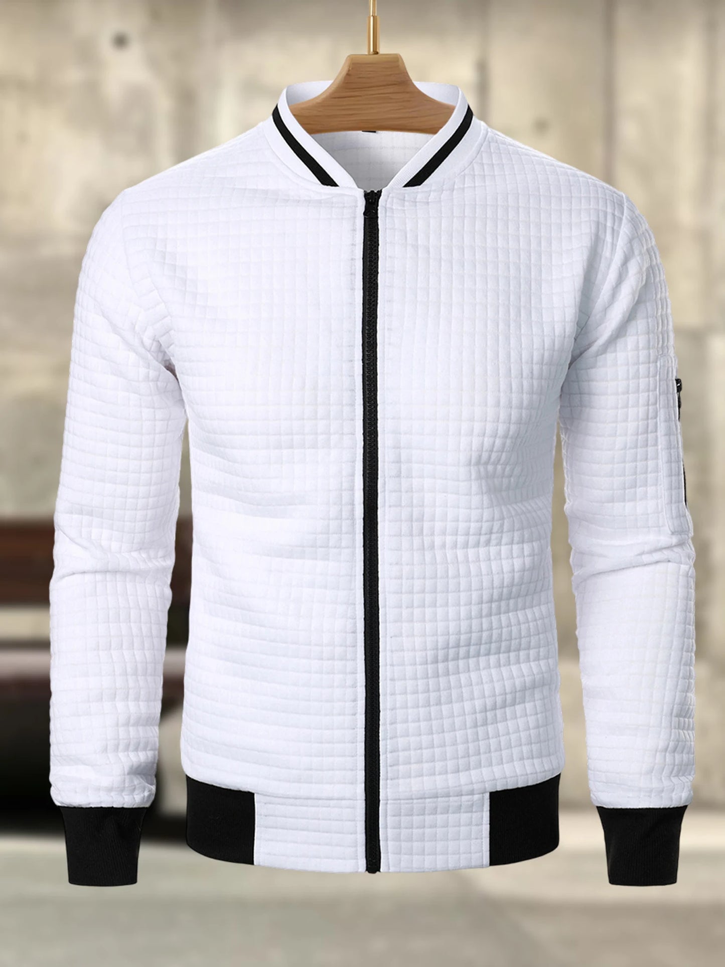 Men s Casual  Fit Zipper Up Lightweight Stand Collar Jacket Spring Fall Coat with Contrast Color Detail
