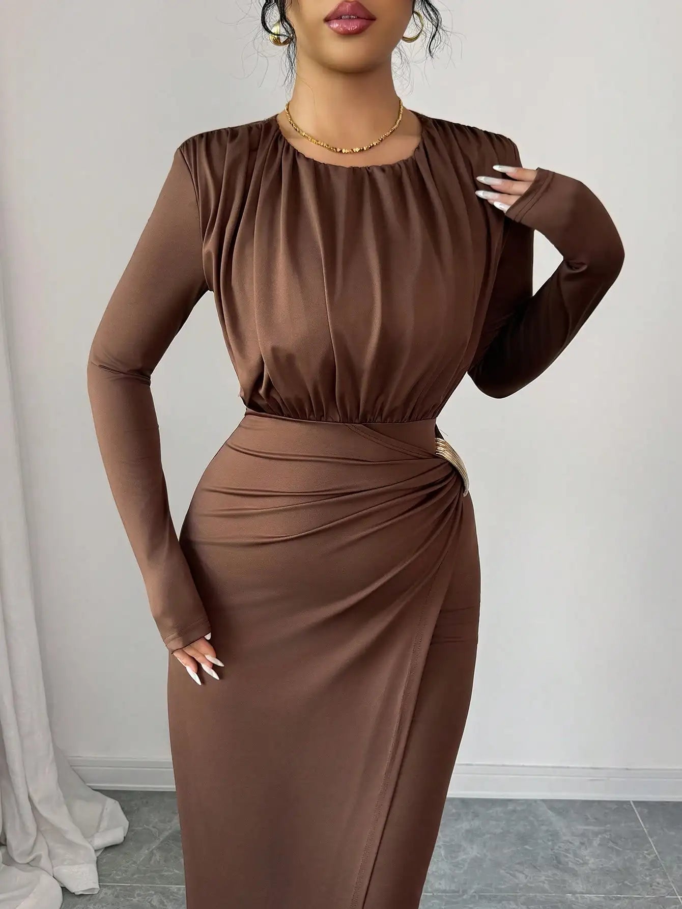 Brown Long Sleeve Fitted Dress with Waist Cinch and Side Slit, Elegant Chic for Party or Commute