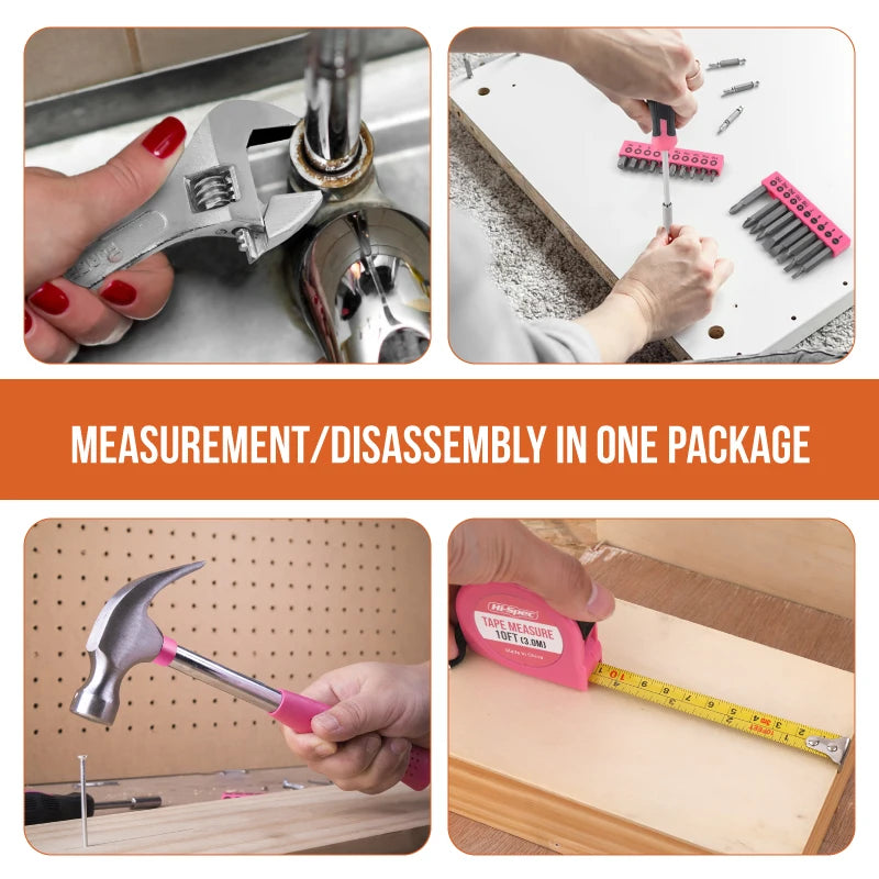 Hi-Spec 92-Piece Pink Home Tool Box Set, Multi-Function Hand Repair Kit with Hammer Cordless Power Drill Combo for Household DIY