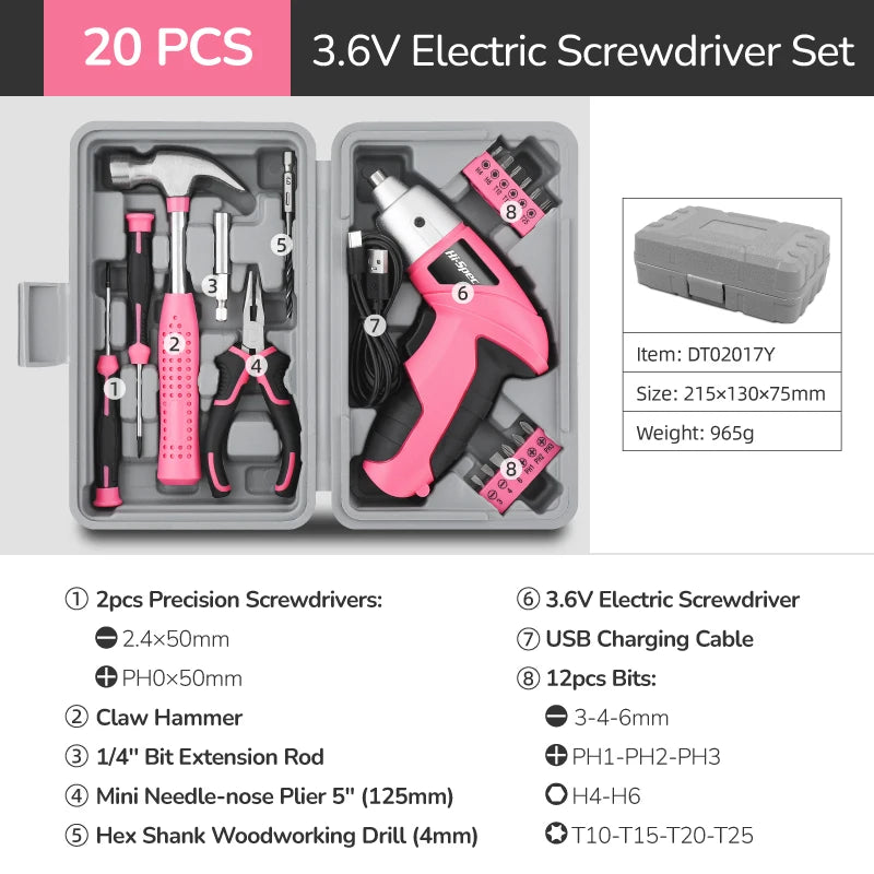 Hi-Spec 92-Piece Pink Home Tool Box Set, Multi-Function Hand Repair Kit with Hammer Cordless Power Drill Combo for Household DIY