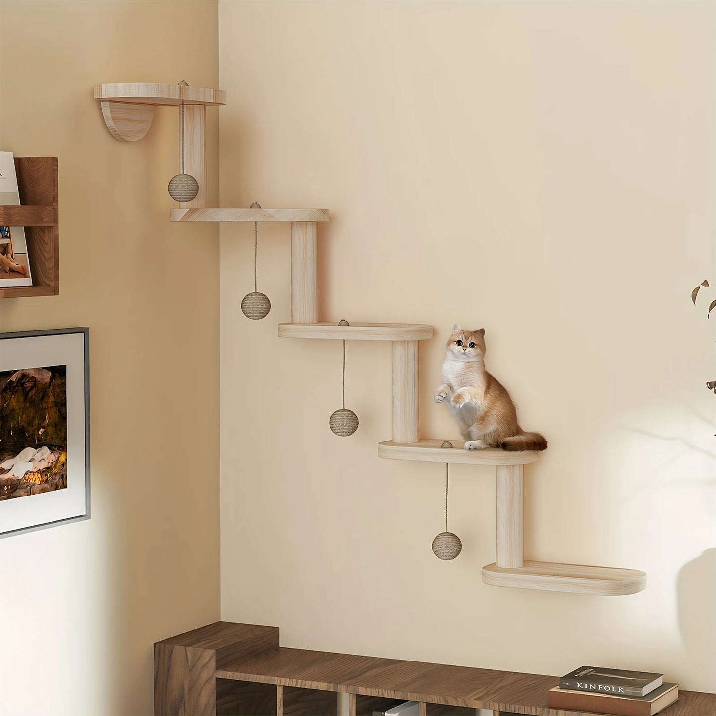Wall Mounted Cat Climbing Shelves with 5 Step Wooden Cat Ladder Frame Cat Wall Steps Shelves for Sleeping Playing Climbing