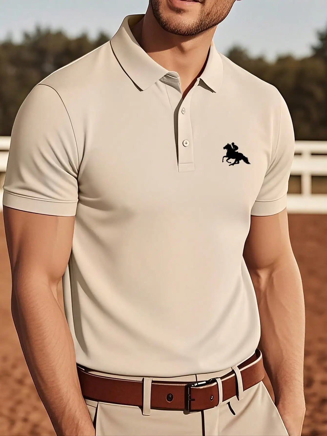 Men's Navy Blue Short Sleeve Polo Shirt with White Horse Silhouette, Casual Summer Wear