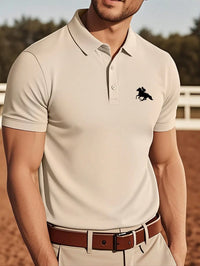Men's Navy Blue Short Sleeve Polo Shirt with White Horse Silhouette, Casual Summer Wear