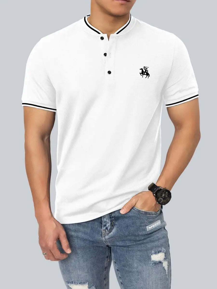 Men's Green Henley Polo Shirt with White Trim and Equestrian Embroidery