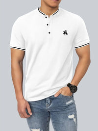 Men's Green Henley Polo Shirt with White Trim and Equestrian Embroidery