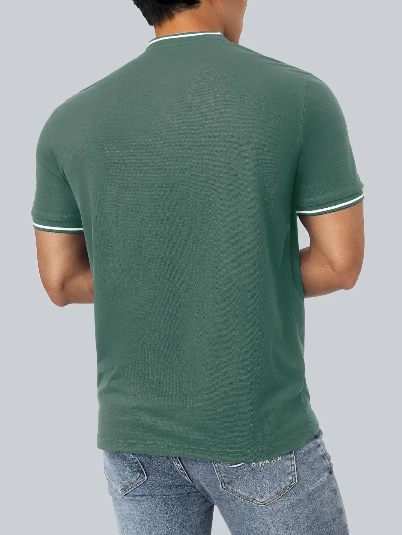 Men's Green Henley Polo Shirt with White Trim and Equestrian Embroidery