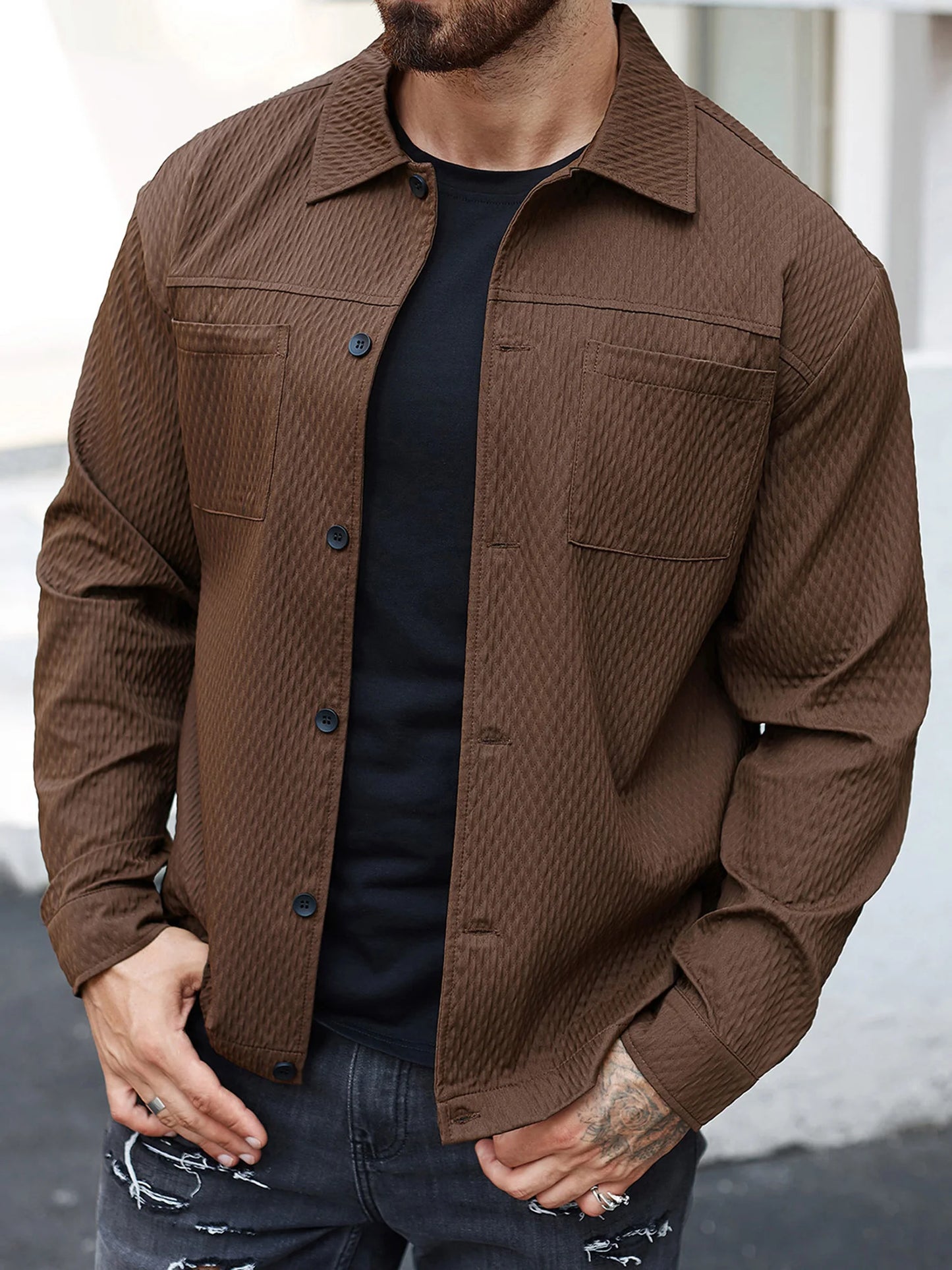Men s Casual Shirt Jacket Regular Fit Solid Color Long Sleeve Button-up Tops Spring Fall Streetwear Fashion Outwear Coat