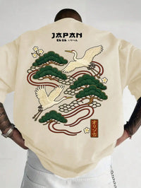 Men's Japanese Crane Embroidered Short Sleeve T-Shirt with Pine Tree Design