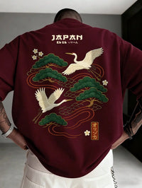 Men's Japanese Crane Embroidered Short Sleeve T-Shirt with Pine Tree Design