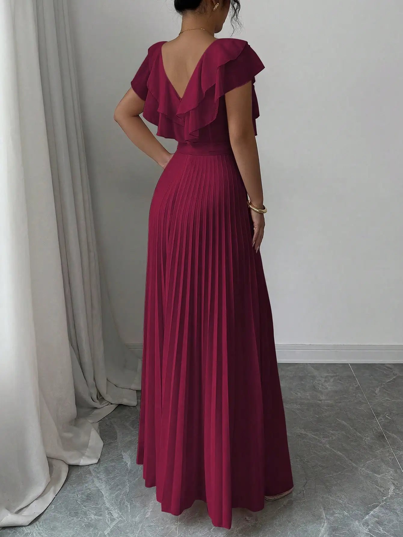 Burgundy V-Neck Ruffle Sleeve Pleated A-Line Maxi Dress with Waist Tie