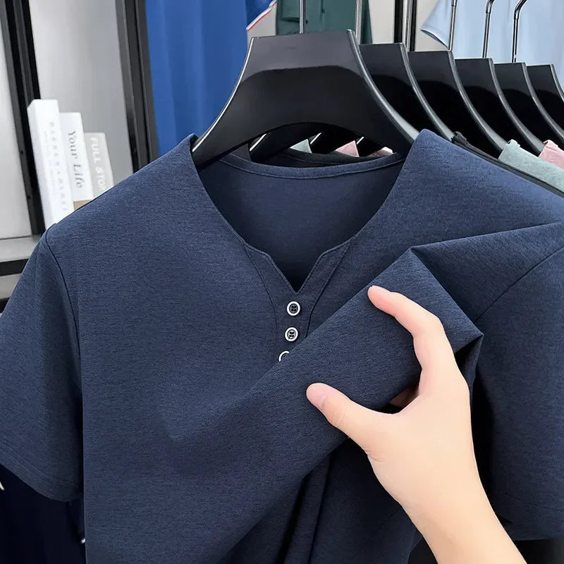 New Men's Casual and Fashionable Three Button V-neck Solid Color Short Sleeved T-shirt Summer Versatile Top
