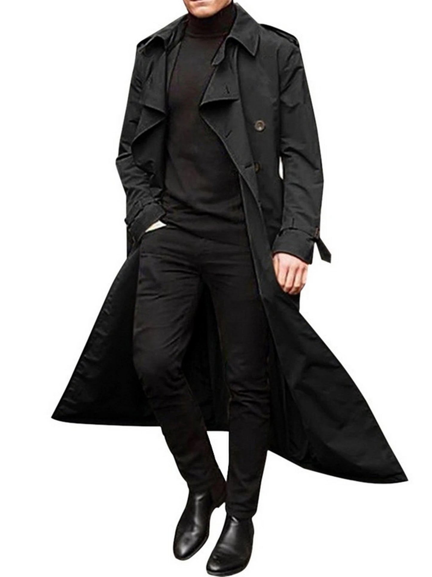 Men s Classic Wool Blend Trench Coat with Removable Belt and Notched Lapel Collar Warm Winter Overcoat Jacket