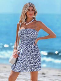 Women's Sleeveless Smocked Waist Ikat Print Mini Dress for Summer Beach