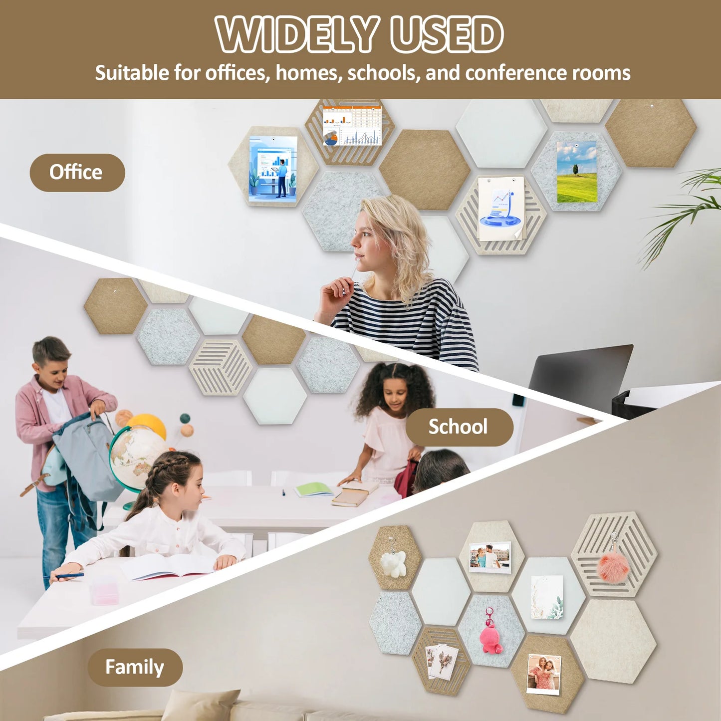 10Pcs Hexagon Felt Cork Bulletin Board Tile High Density Adhesive Pinboard with Push Pin Noise Reducing for Home Wall Decor
