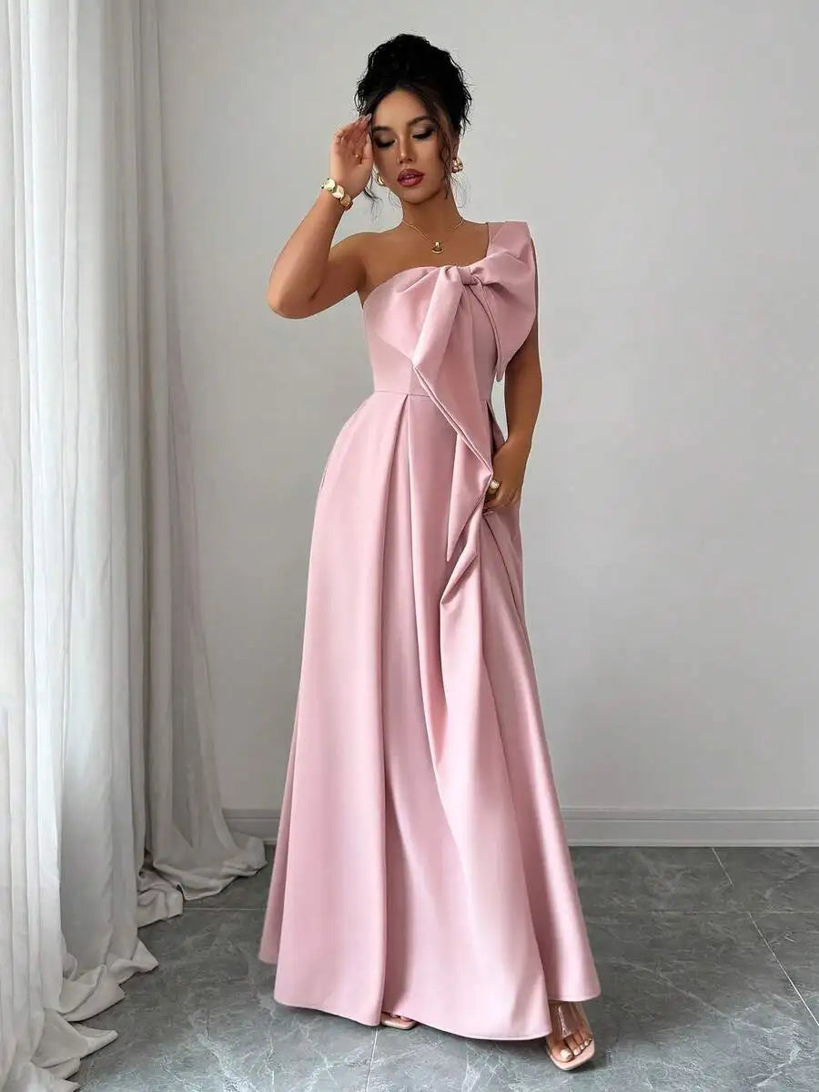 Pink Asymmetrical One-Shoulder Bowknot A-Line Maxi Dress