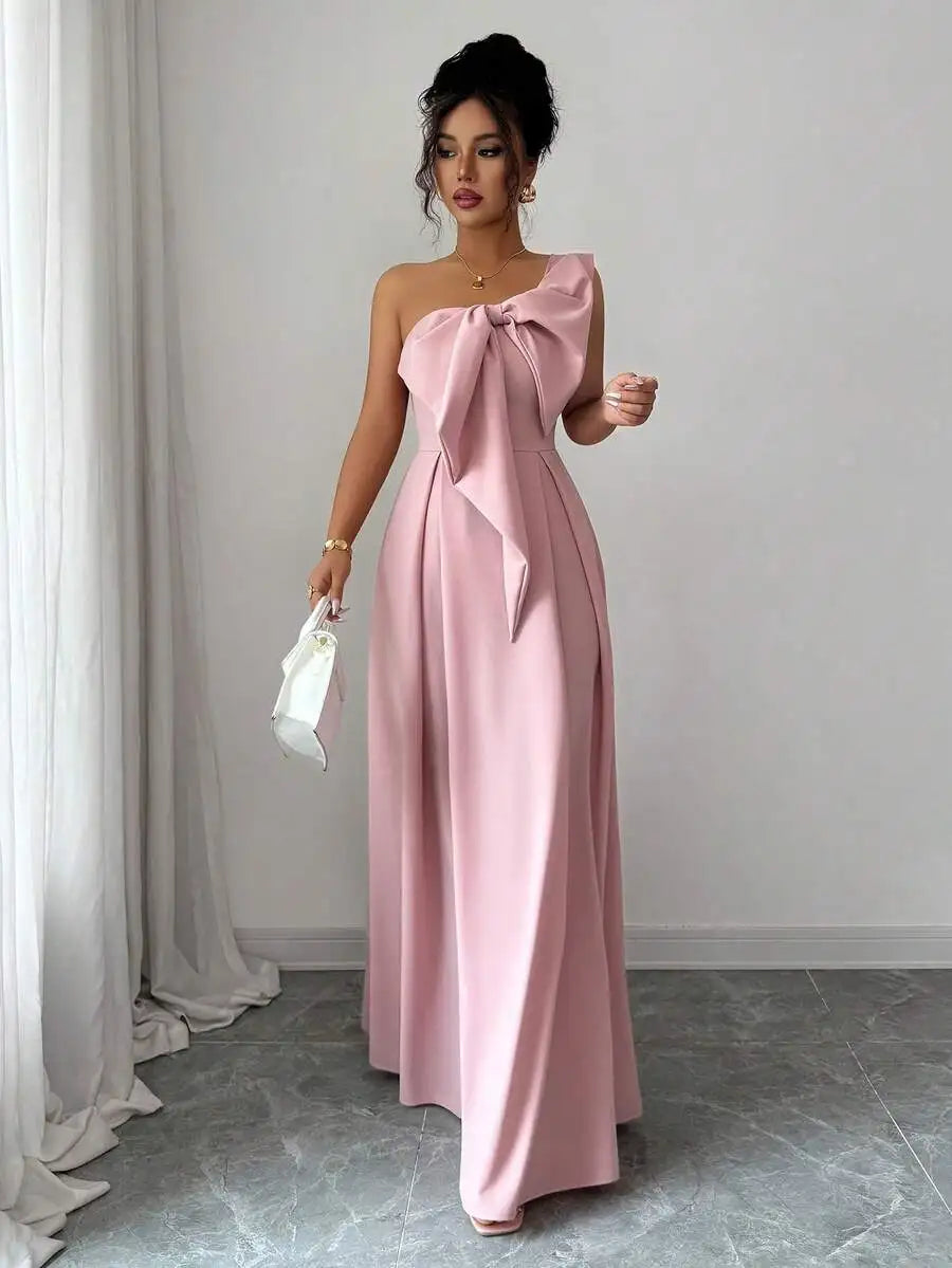 Pink Asymmetrical One-Shoulder Bowknot A-Line Maxi Dress