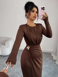 Brown Long Sleeve Fitted Dress with Waist Cinch and Side Slit, Elegant Chic for Party or Commute
