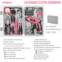 Hi-Spec 92-Piece Pink Home Tool Box Set, Multi-Function Hand Repair Kit with Hammer Cordless Power Drill Combo for Household DIY