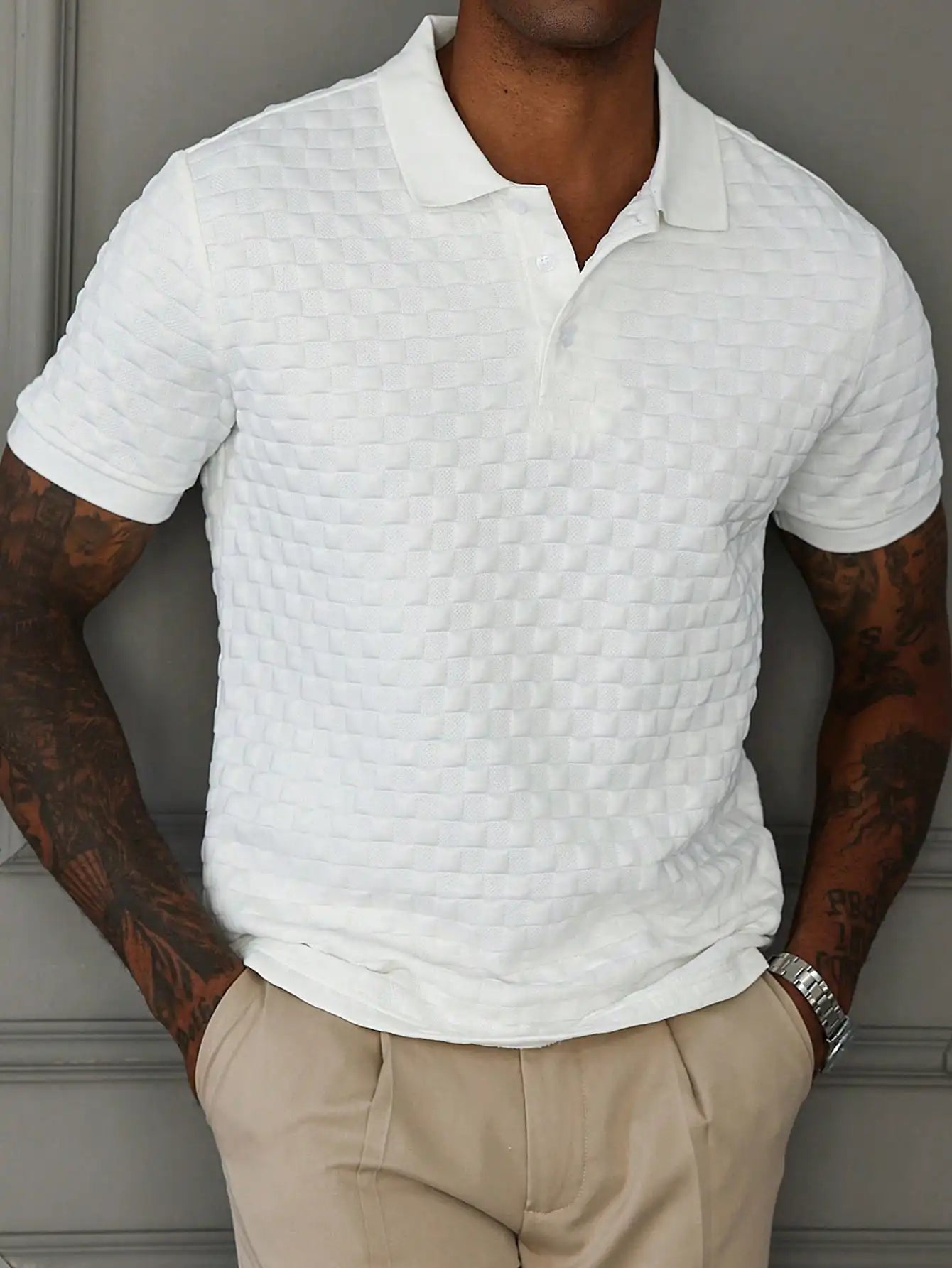 Men's White Textured Waffle Knit Polo Shirt, Short Sleeve, Casual Everyday Wear