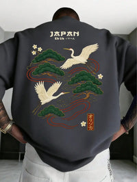 Men's Japanese Crane Embroidered Short Sleeve T-Shirt with Pine Tree Design