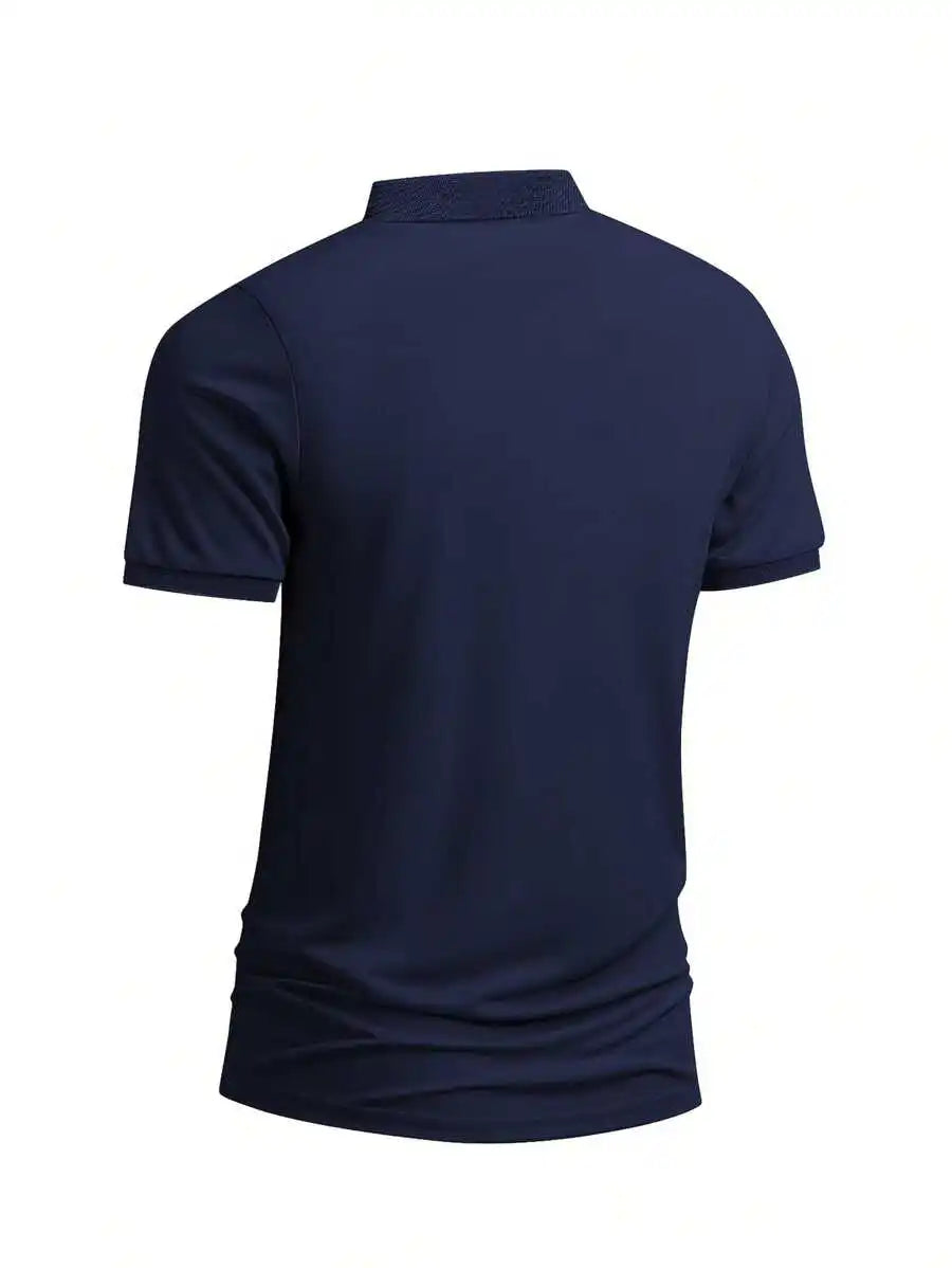 Men's Navy Blue Short Sleeve Polo Shirt with White Horse Silhouette, Casual Summer Wear