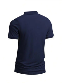 Men's Navy Blue Short Sleeve Polo Shirt with White Horse Silhouette, Casual Summer Wear