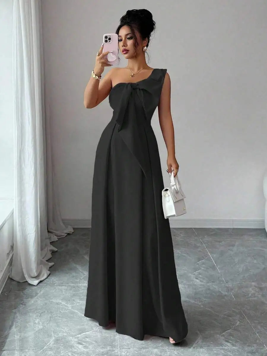 Pink Asymmetrical One-Shoulder Bowknot A-Line Maxi Dress