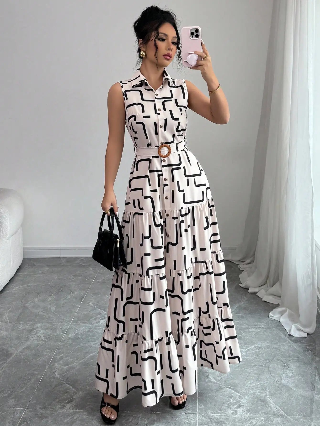 Sleeveless Button-Front Midi Dress with Geometric Print and Tiered Ruffle Skirt