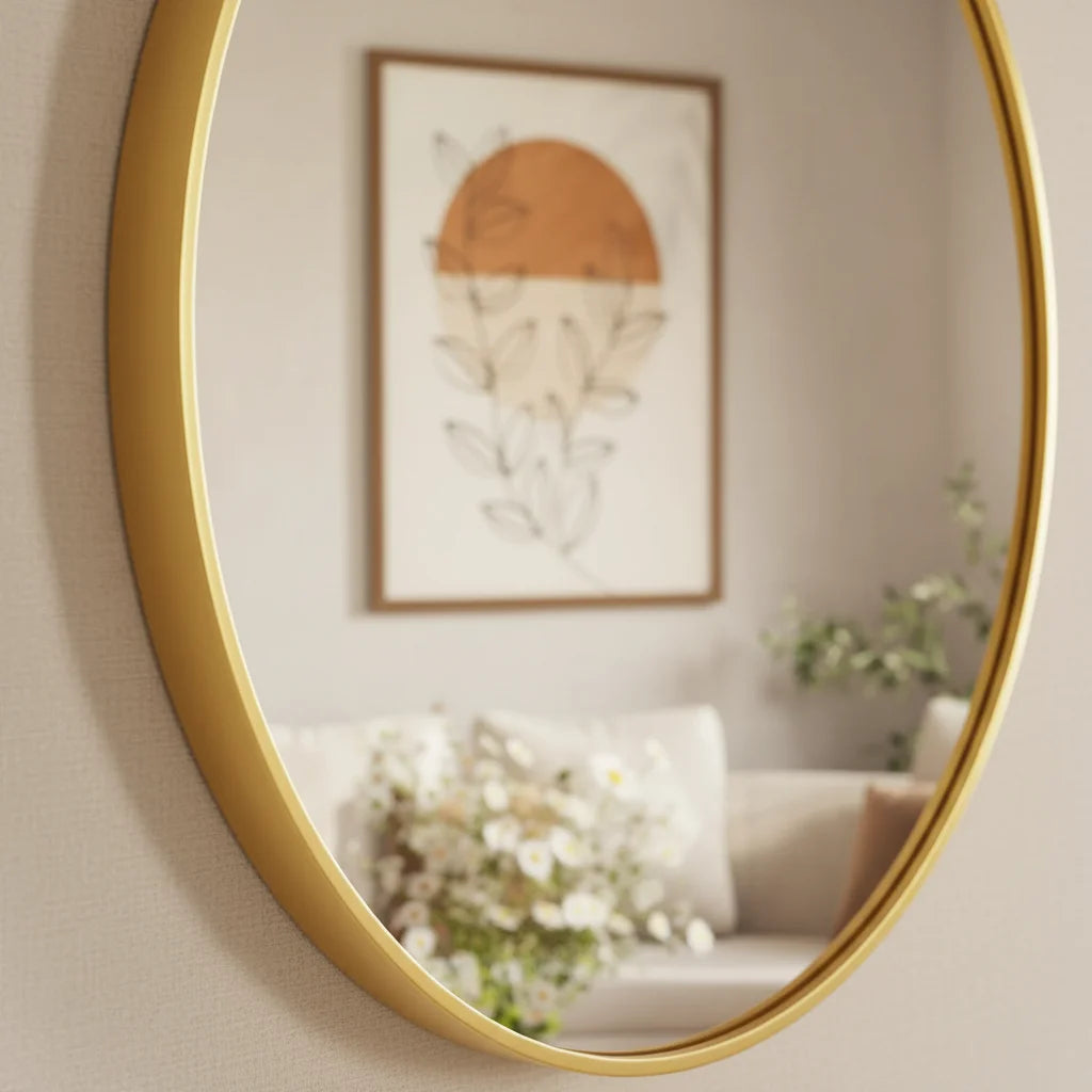 20" Gold Round Wall Mirror, Elegant Bedroom Bathroom Vanity Mirror, 20" Frameless Shatterproof Style