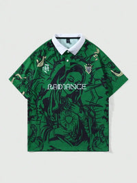 Men's Green Graphic Print Short Sleeve Polo Shirt, Streetwear Style, Casual Wear for Spring Summer
