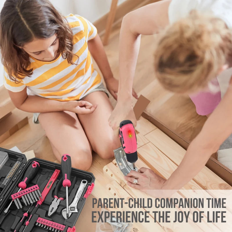 Hi-Spec 92-Piece Pink Home Tool Box Set, Multi-Function Hand Repair Kit with Hammer Cordless Power Drill Combo for Household DIY