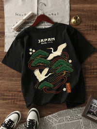 Men's Japanese Crane Embroidered Short Sleeve T-Shirt with Pine Tree Design