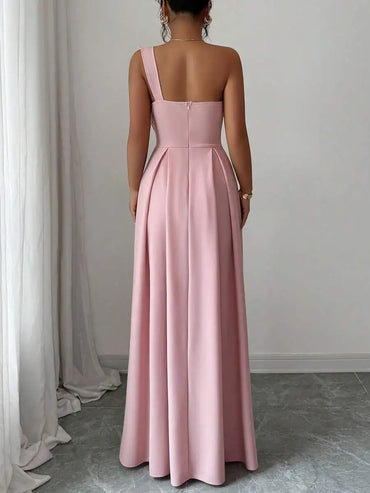 Pink Asymmetrical One-Shoulder Bowknot A-Line Maxi Dress