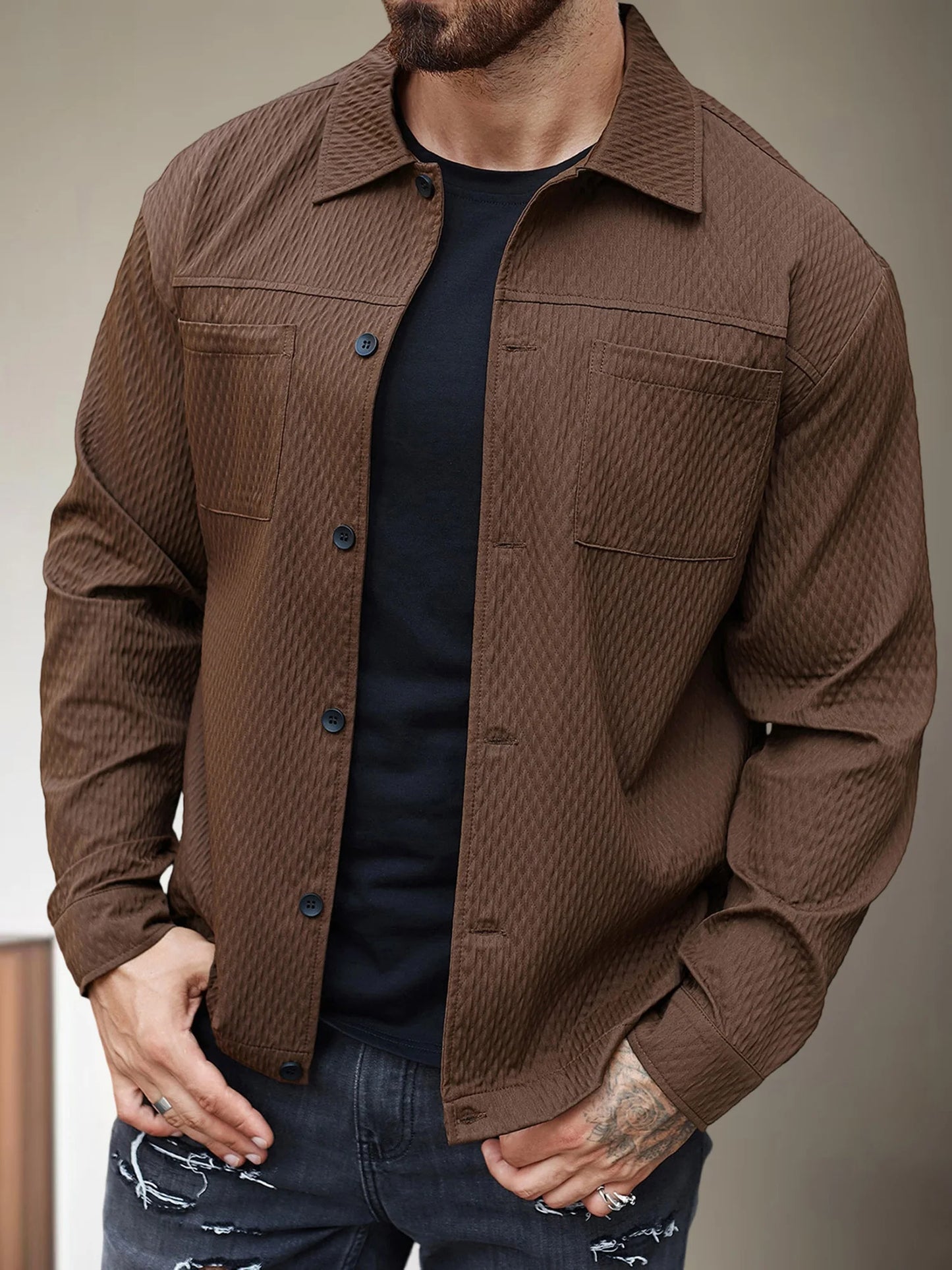 Men s Casual Shirt Jacket Regular Fit Solid Color Long Sleeve Button-up Tops Spring Fall Streetwear Fashion Outwear Coat