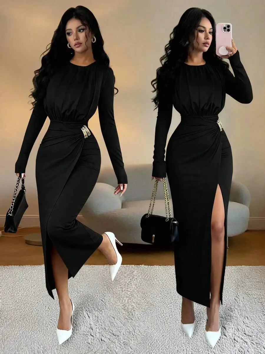 Brown Long Sleeve Fitted Dress with Waist Cinch and Side Slit, Elegant Chic for Party or Commute