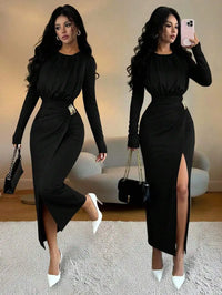 Brown Long Sleeve Fitted Dress with Waist Cinch and Side Slit, Elegant Chic for Party or Commute