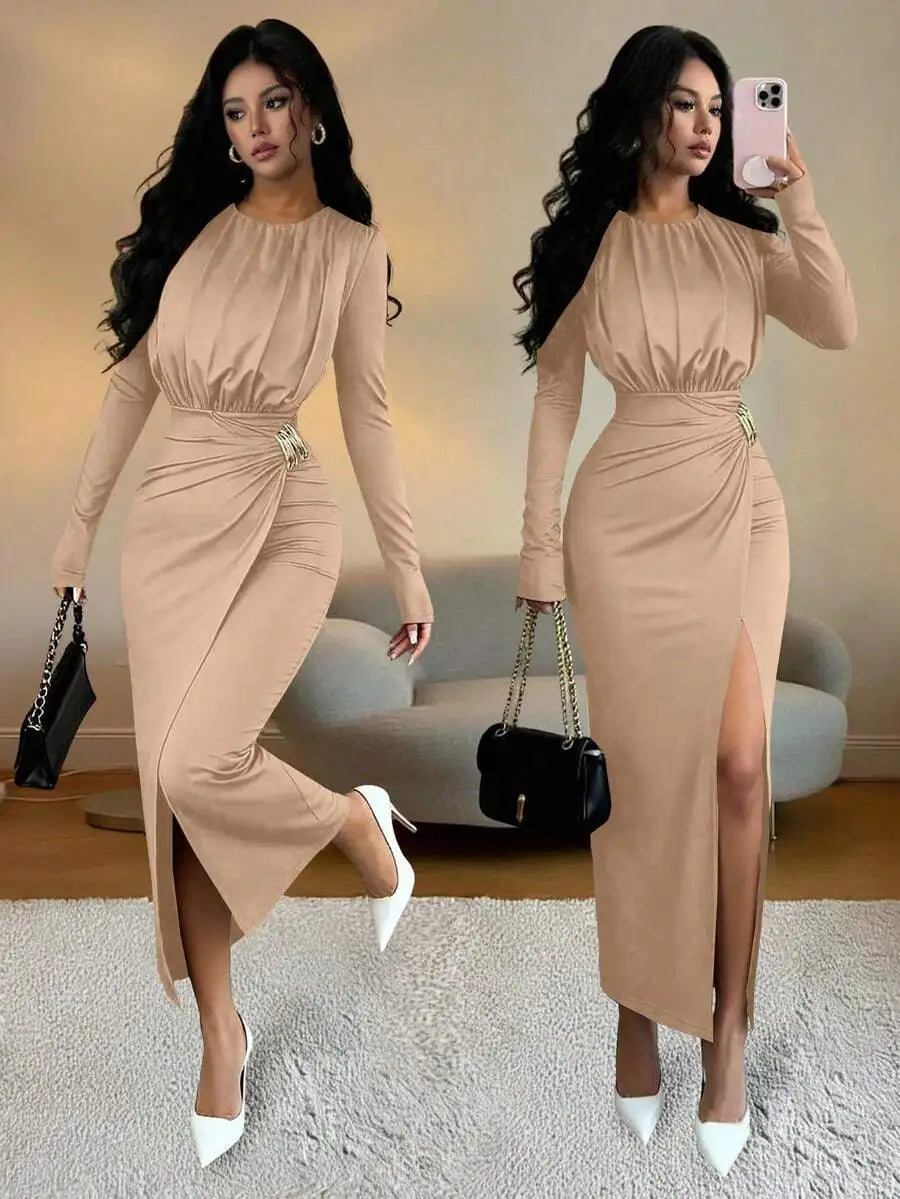 Brown Long Sleeve Fitted Dress with Waist Cinch and Side Slit, Elegant Chic for Party or Commute
